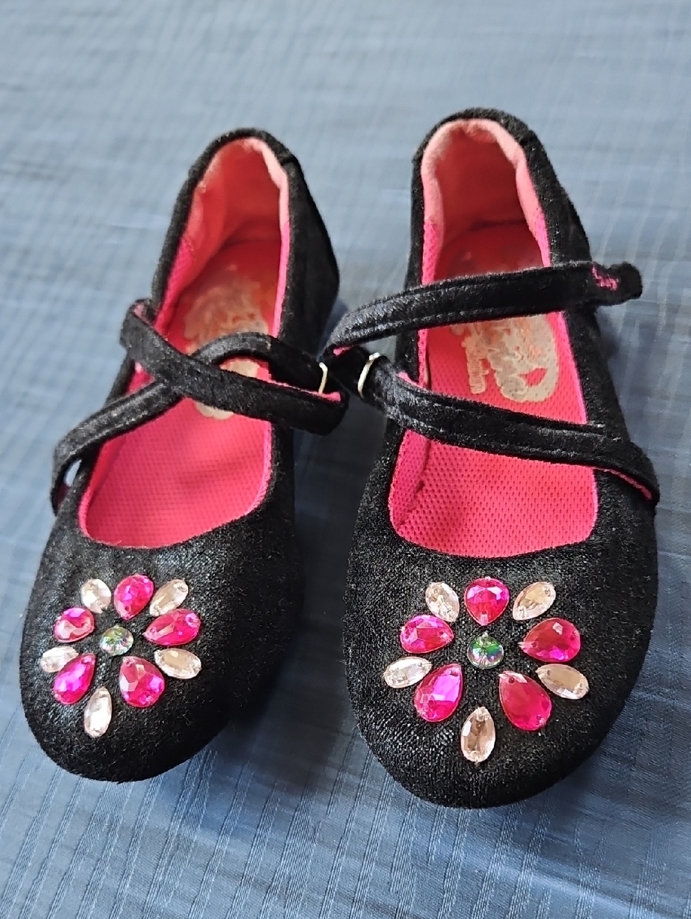 Skechers Bella B Ballerina Black Shoee With Pink Gem Flower Accents